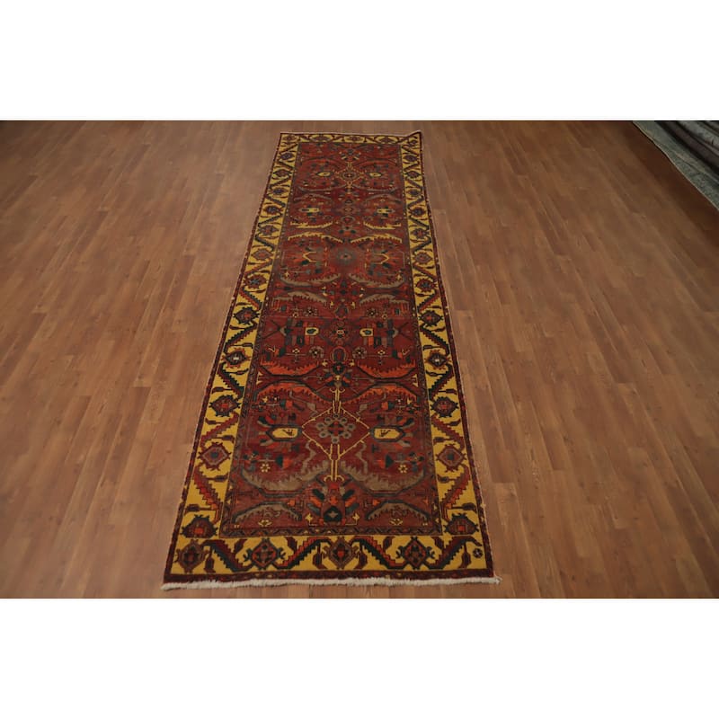 Hand Knotted Oriental 100% Wool Carpet Traditional Floral Red Heriz Runner Rug - 11' 6'' X 3' 8''