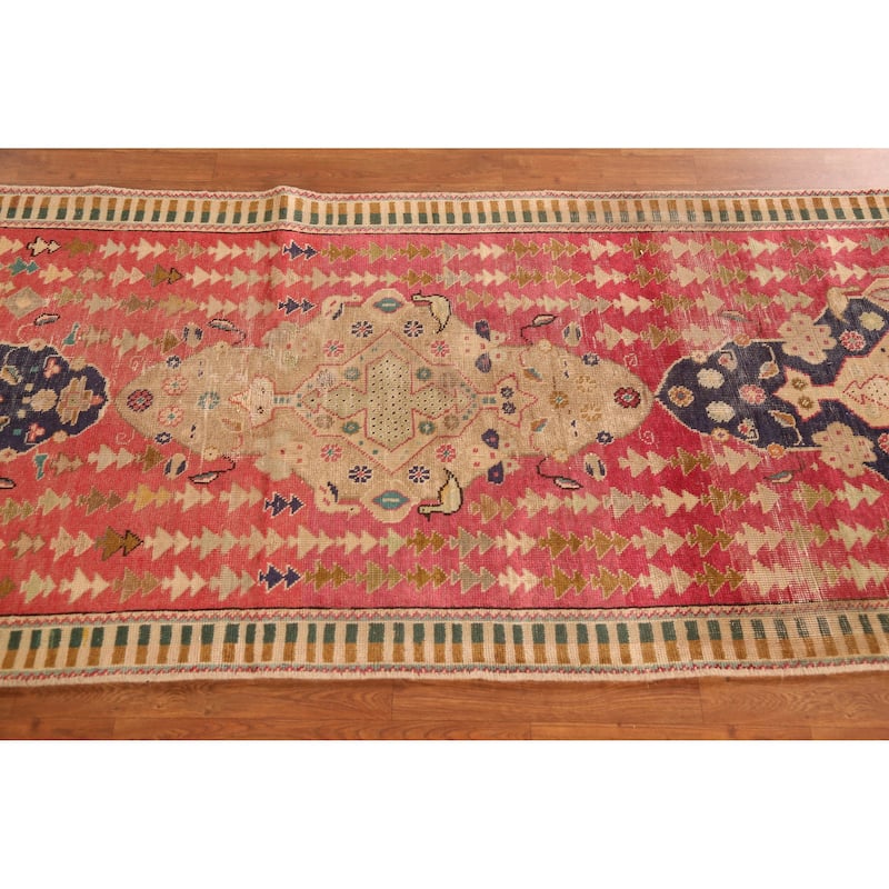 Hand Knotted Oriental 100% Wool Carpet Traditional Geometric Pink Tabriz Runner Rug - 9' 7'' X 3' 3''