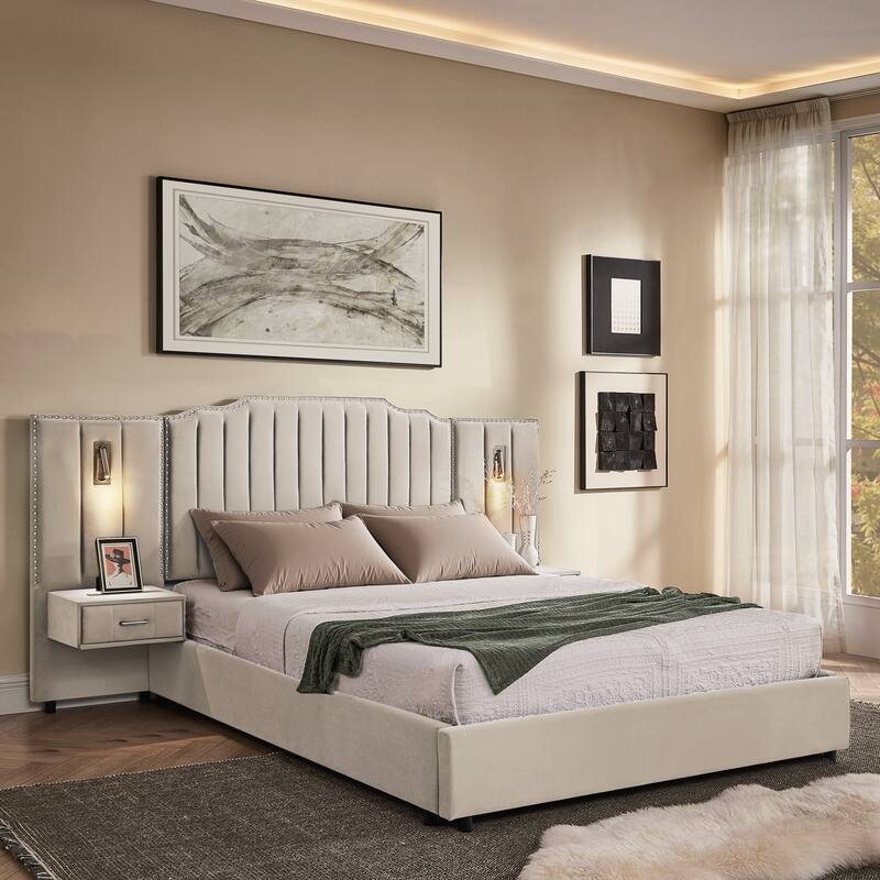 Queen Size Upholstered Bed Frame , Vertical Stripe Design with Buttons Around Platform Bed with Headboard - Beige