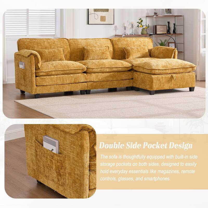 Modern Chenille Chaise Couch L-shaped Sectional Sofa with Storage Ottoman, Phone Holder, USB/Type-C Ports and Side Pockets