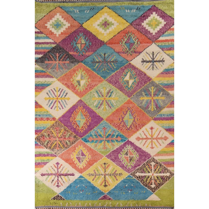 Colorful Trellis Plush Moroccan Style Rug Hand-Knotted Wool Carpet - 8'10" x 12'5"