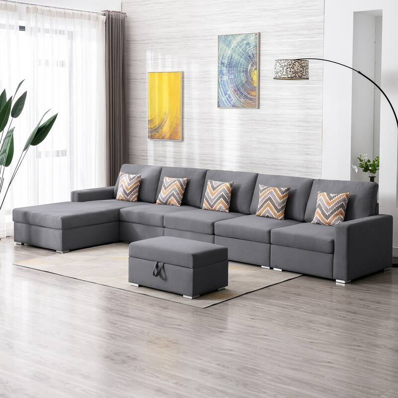 Linen Fabric 6 Piece Reversible Sectional Sofa Chaise with Interchangeable Legs, Pillows and Storage Ottoman in Grey