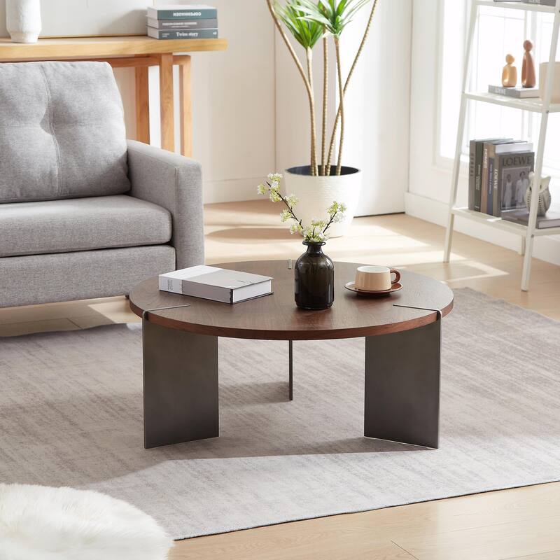 Round Coffee Table with Wood Surface and Black Metal Feet