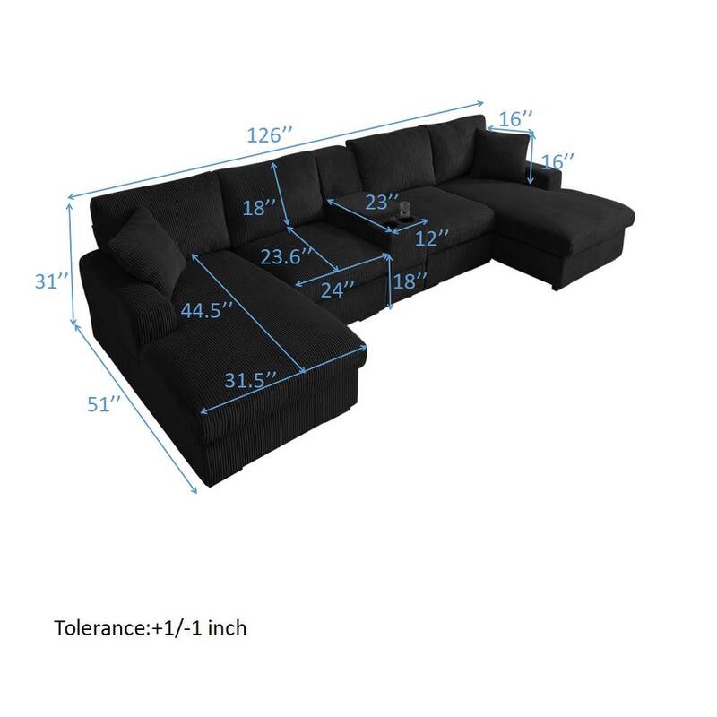126" U-Shaped Cloud Couch Sectional with Double Chaise, Console, Cup Holders and USB, Oversized Corduroy Sofa