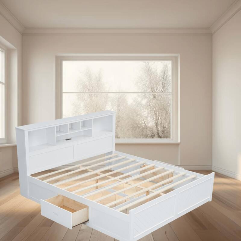 King Size Wood Platform Bed Frame with Multi-Storage Headboard, USB Charging and Drawers, No Box Spring Needed For Bedroom - White - King