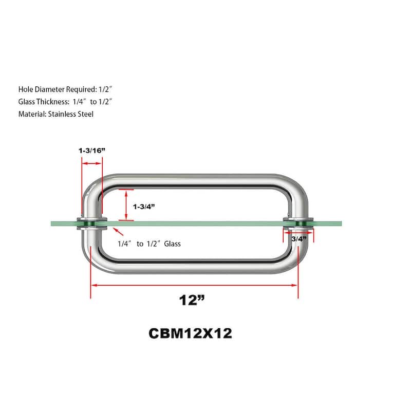 CEL 12" x 12" Tubular Back-to-Back Pull Handle / Towel Bar for shower door