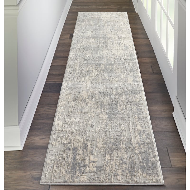 Rustic Textures Distressed Contemporary Abstract Area Rug - 2' 2" x 7' 6" - Ivory/Silver - Runner