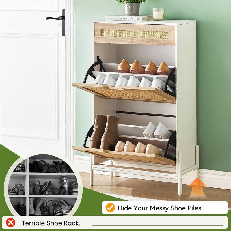 3-Tier Slim Rattan Shoe Storage Cabinet for Entryway Hallway Porch