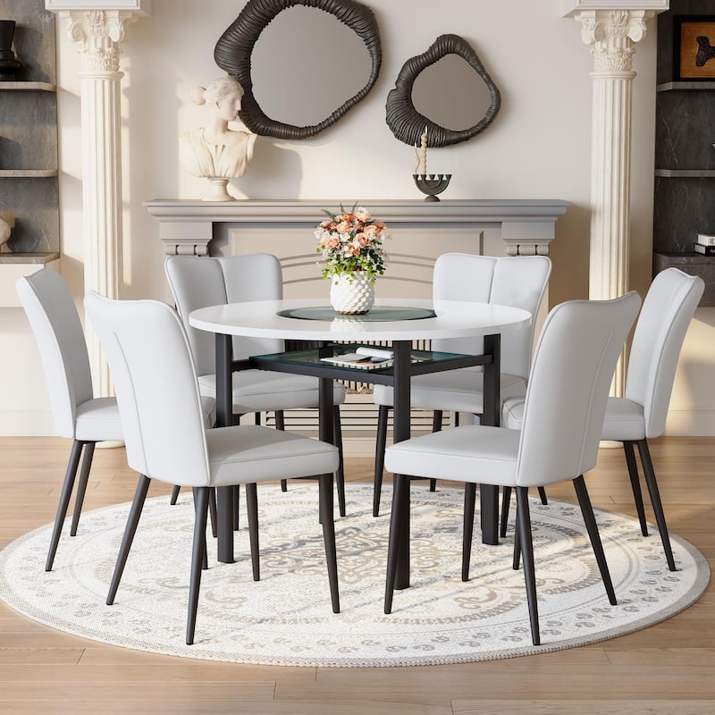 42 Inch Round Dining Table Set for 6, 7-Piece Kitchen Dining Table Set with Lower Storage Shelf, 6 Faux Leather Chairs
