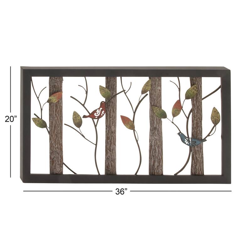 Black Metal Bird Wall Decor with Tree Branches and Colorful Leaves