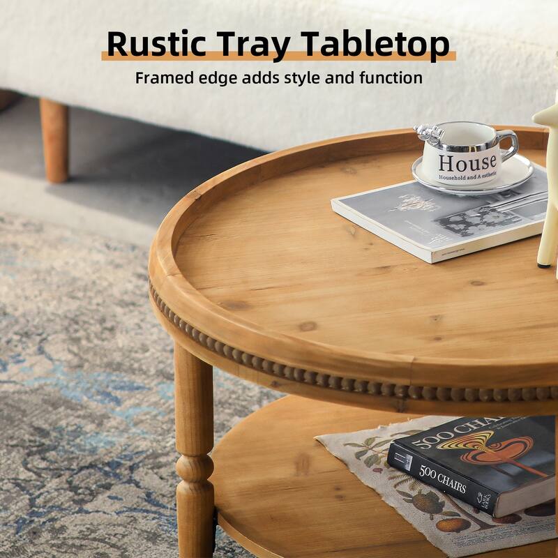 31.3" Round Boho Coffee Table with Storage Shelf - 2-Tier Accent Table with Beaded Trim & Curved Solid Wood Legs