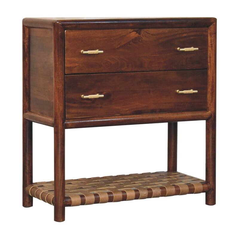 HomeRoots 32" Brown Solid Wood Two Drawer Nightstand With Leather Shelf
