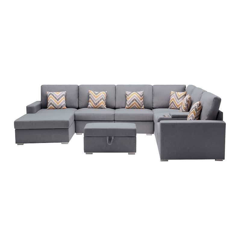 Linen Fabric 8 Piece U-Shaped Reversible Chaise Sectional Sofa with Interchangeable Legs and 6 Pillows - Gray