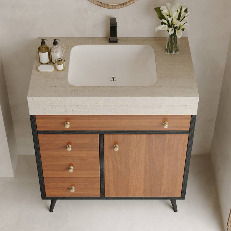 GDFStudio - Bristol Modern 29.9" Freestanding Bathroom Vanity with Sintered Stone Top, Ceramic Sink & Stainless Steel Legs