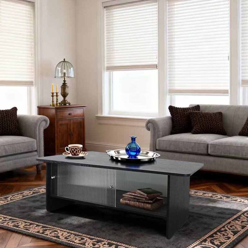 47" Modern Coffee Table with Sliding Glass Doors & Ample Storag