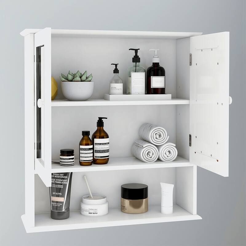 Anmytek White Wall Mounted Bathroom Mirror Cabinet with Open Shelf Bath Storage Over Toilet Organizer