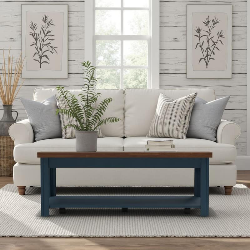 Bridgevine Home Nantucket 48 inch Coffee Table, No Assembly Required, Blue Denim and Whiskey