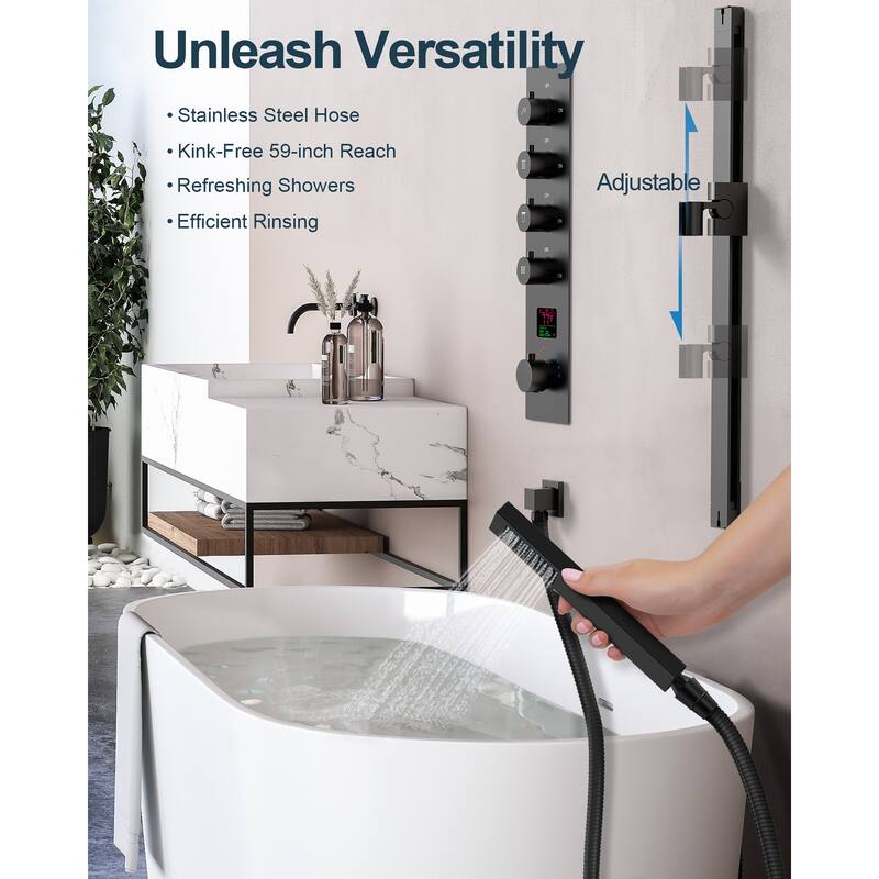 GRANDJOY Luxury LED 16" Ceiling Mount Shower Head Temperature Display Shower System with 6 Body Jets
