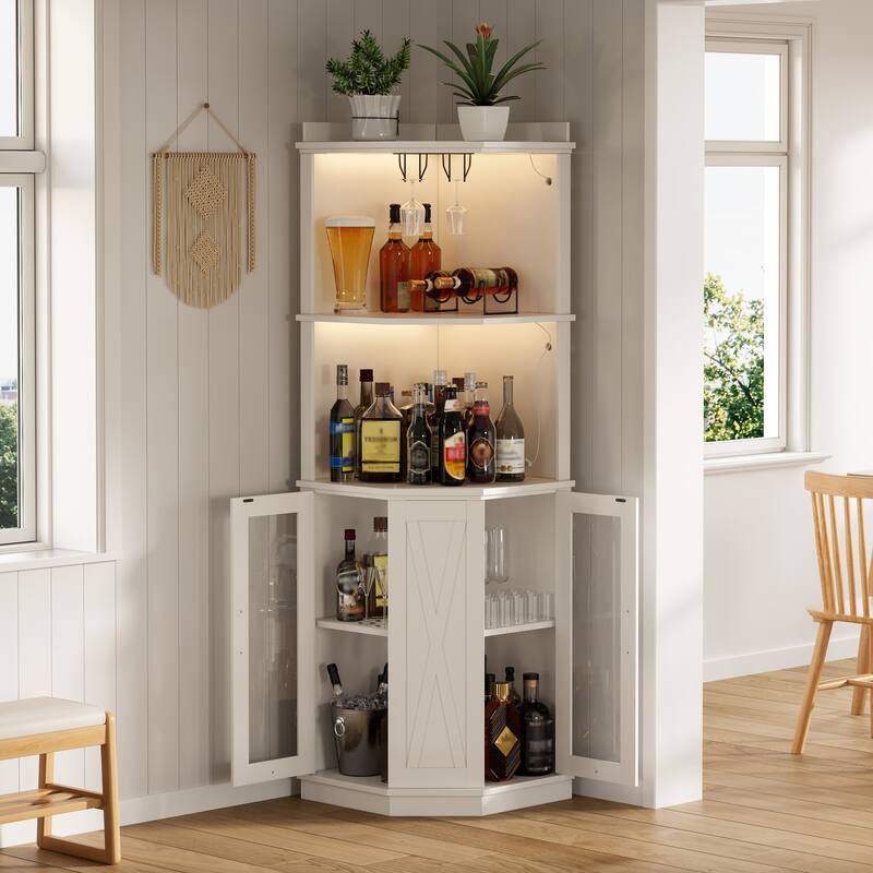 Anmytek 67.3 Inch Corner Bar Cabinet Farmhouse Wine Bar with Power Outlet Lights Glass Rack Adjustable Shelves