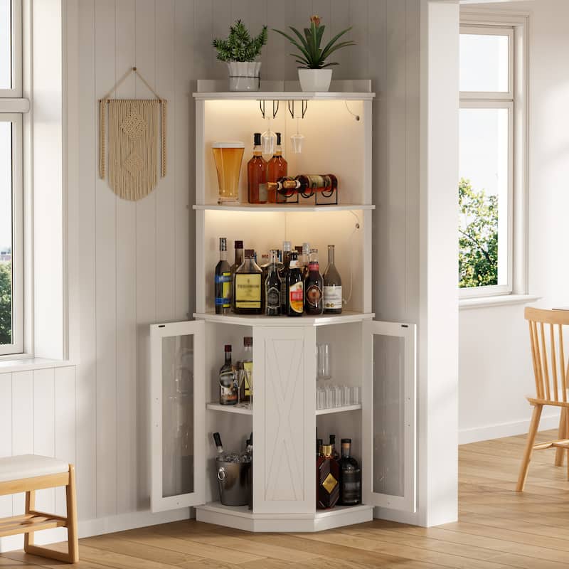 Farmhouse 67.3" Corner Wine Bar Cabinet with Power Outlet and Adjustable Shelves - White