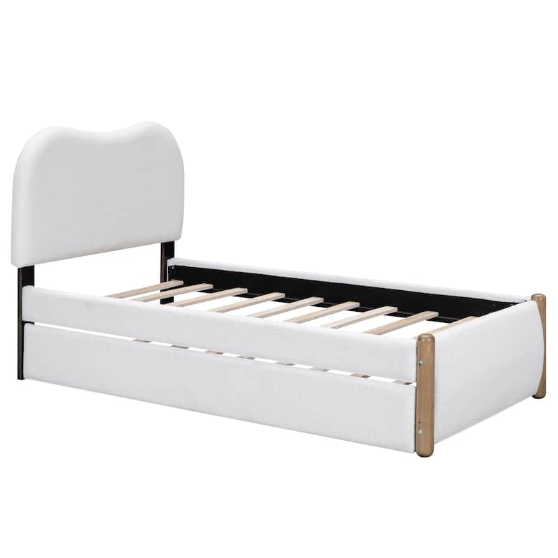 Twin Size Upholstered Platform Bed Frame with Wood Supporting Feet and Slatted, Pull-out Trundle Bed for Bedroom