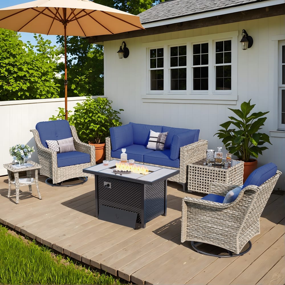 OVIOS 7 Pieces Outdoor Loveseat Swivel Chair Set With Coffee Table & Fire Pit