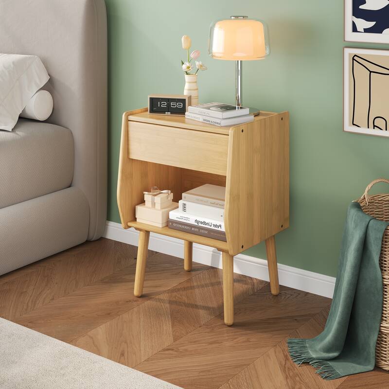 Nightstand With Drawer And Open Compartment, Solid Wood Legs
