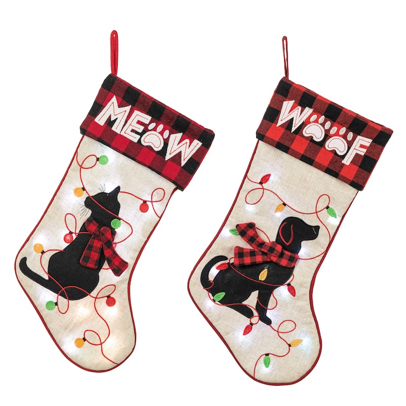 Glitzhome 21"L LED Embroidered Linen Reindeer Cat Dog Christmas Stockings - 2 PK Cat & Dog