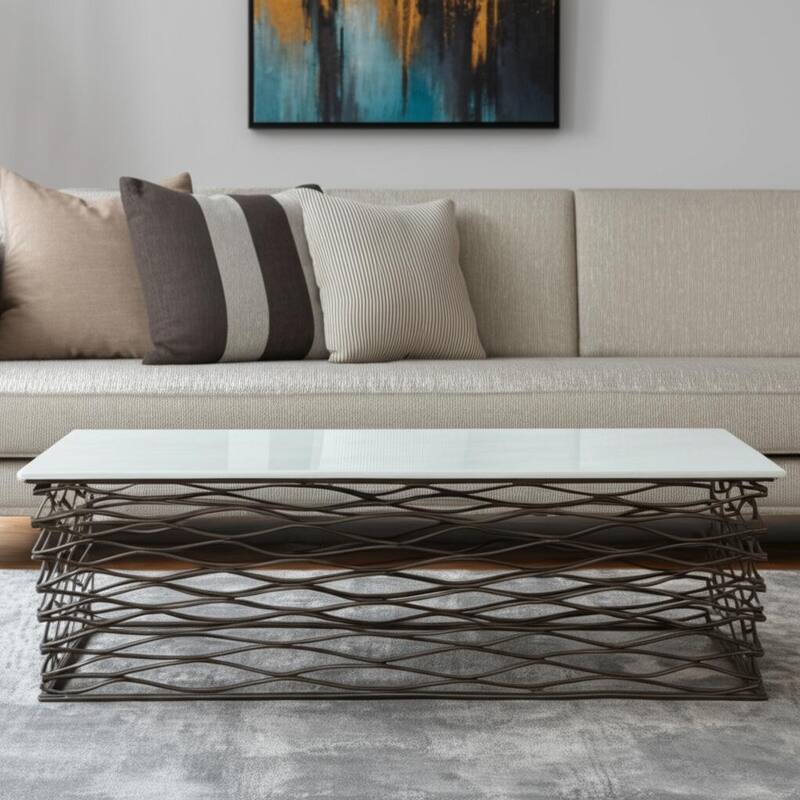 HomeRoots 50" White and Antiqued Bronze Genuine Marble and Aluminum Abstract Coffee Table - 50.00 in. x 16.30 in. x 22.00 in. - White