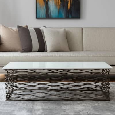 HomeRoots 50" White and Antiqued Bronze Genuine Marble and Aluminum Abstract Coffee Table - 50.00 in. x 16.30 in. x 22.00 in.