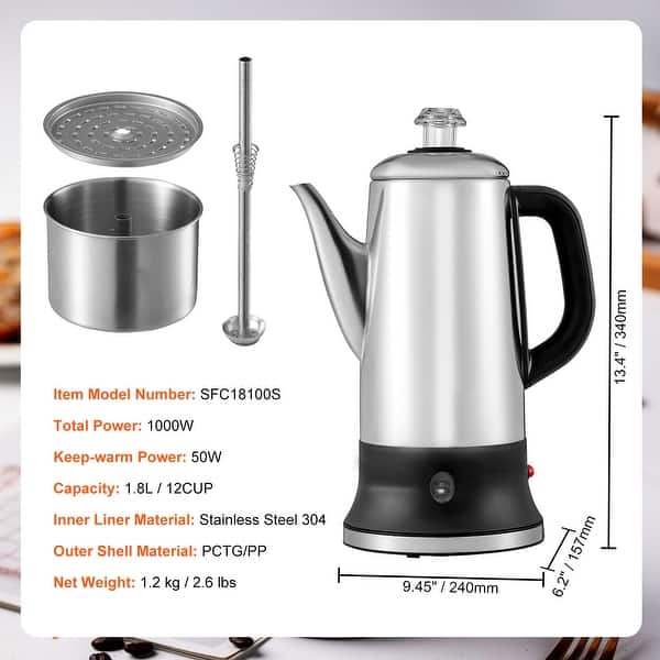 12-Cup Electric Percolator Coffee Pot, 304 Stainless Steel Coffee Percolator With Keep Warm Function & Heat-Resistant Handle, Classic Coffee Maker,