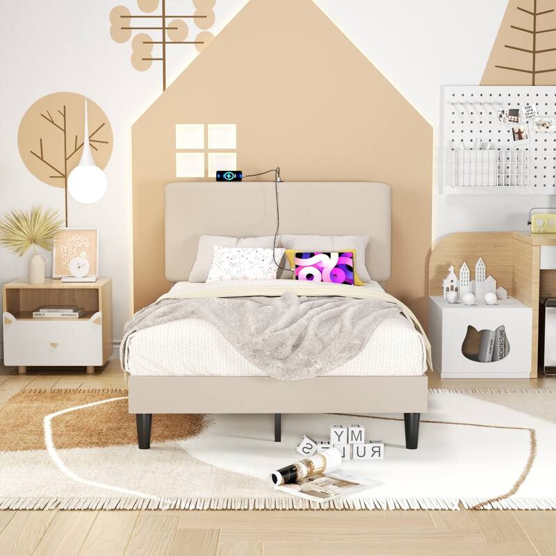 Javlergo Upholstered Platform Bed Frame with 2 USB Charging Station & Adjustable Headboard, Kids Bed Set of 2