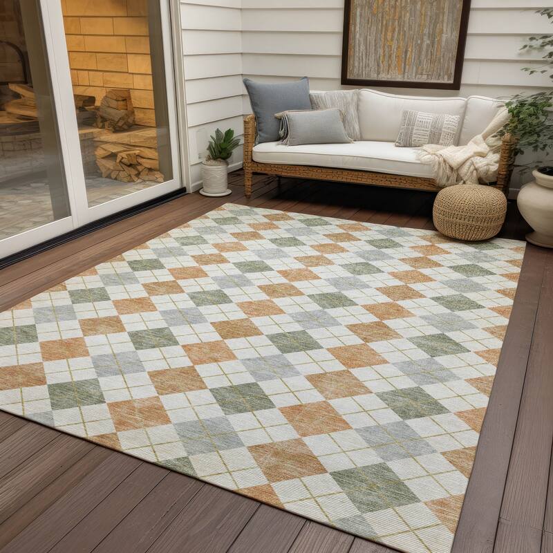 Machine Washable Indoor/ Outdoor Modern Plaid Chantille Rug