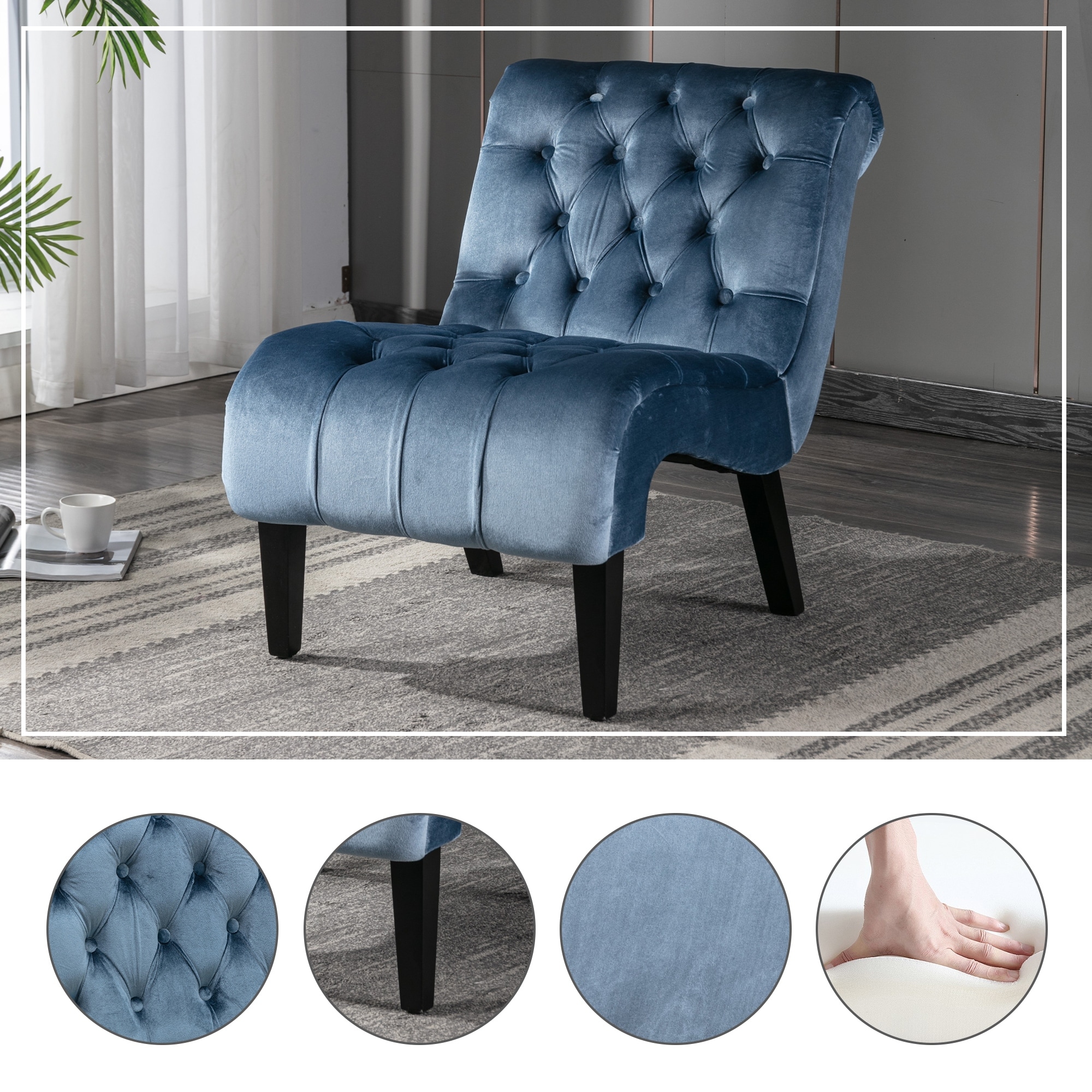COOLMORE Modern Velvet Armless Accent Chair, Button Tufted & Wooden Legs