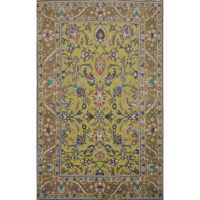 Hand Knotted Oriental 100% Wool Carpet Traditional Floral Green Tabriz Area Rug - 9' 1'' X 6' 3''