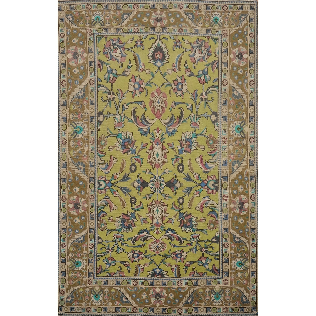 Hand Knotted Oriental 100% Wool Carpet Traditional Floral Green Tabriz Area Rug - 9' 1'' X 6' 3''