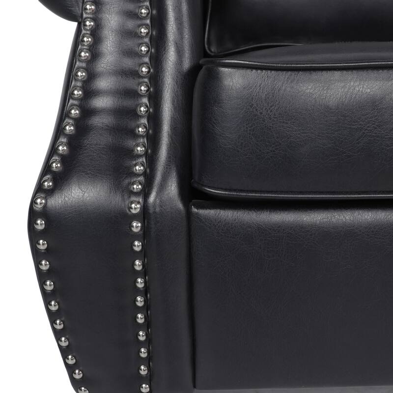 Black Faux Leather 3-seater Sofa with Birch Wood Legs and Nailheads