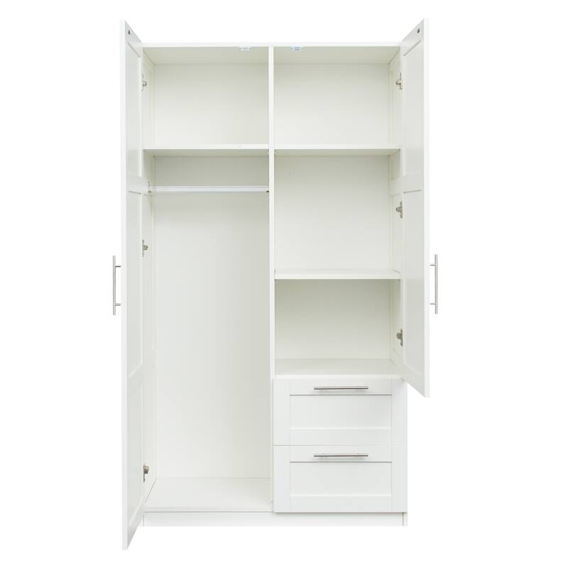 2 Door Wooden Wardrobes, Equipped with Suspension Rods and Drawers, Large Capacity Bedroom Wardrobe Storage Cabinets