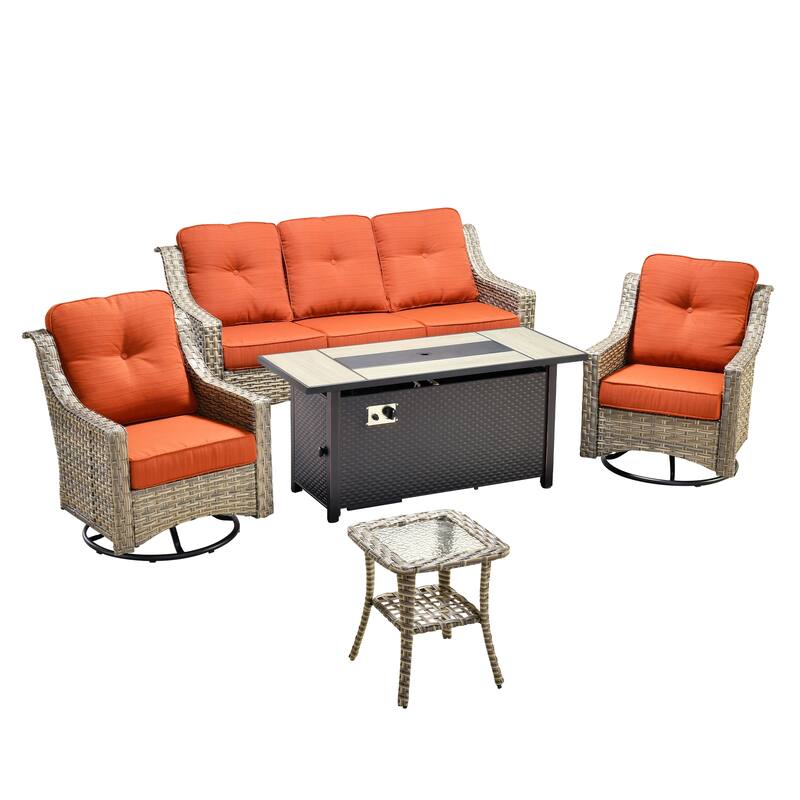 XIZZI 5-Piece Wicker Patio Furniture Set with Sofa, Swivel Chairs & Fire Pit