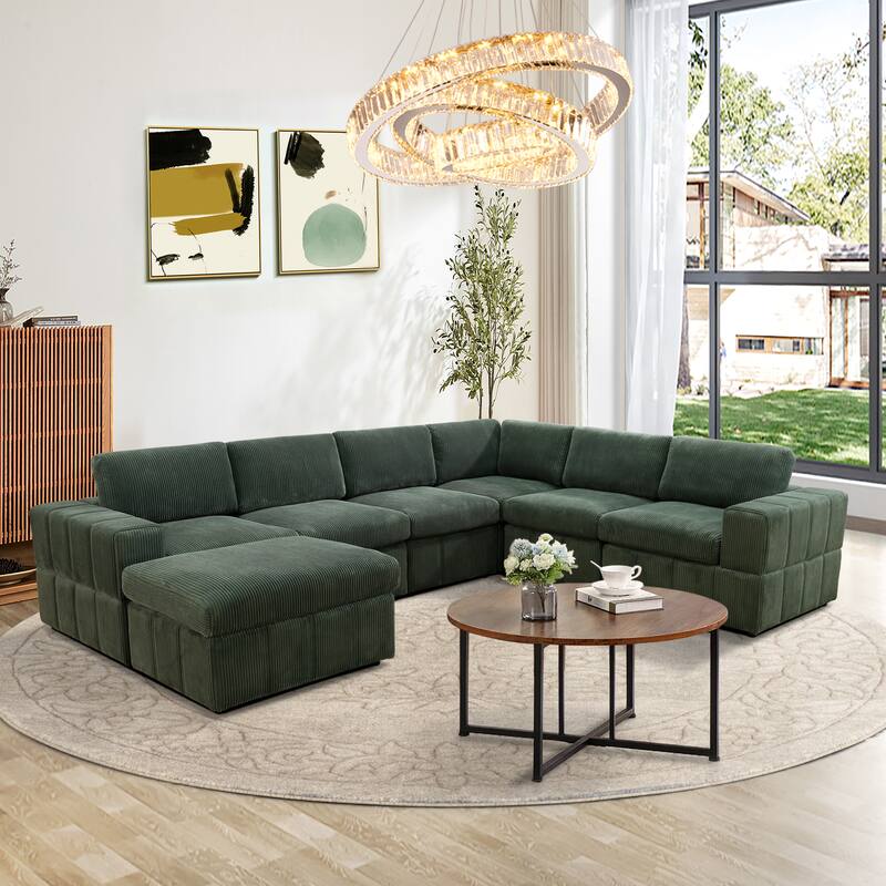 Oversized Corduroy 7 - Piece Corner Sectional Sofa Couch with Ottoman for Living Room Sofa Set - Green