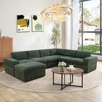 Oversized Corduroy 7 - Piece Corner Sectional Sofa Couch with Ottoman for Living Room Sofa Set