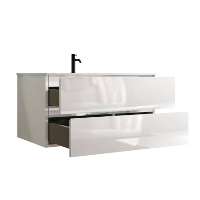 GDFStudio - Tia Wall-Mounted Bathroom Vanity with Ceramic Sink, Soft Close Drawers & U-Shaped Drainage