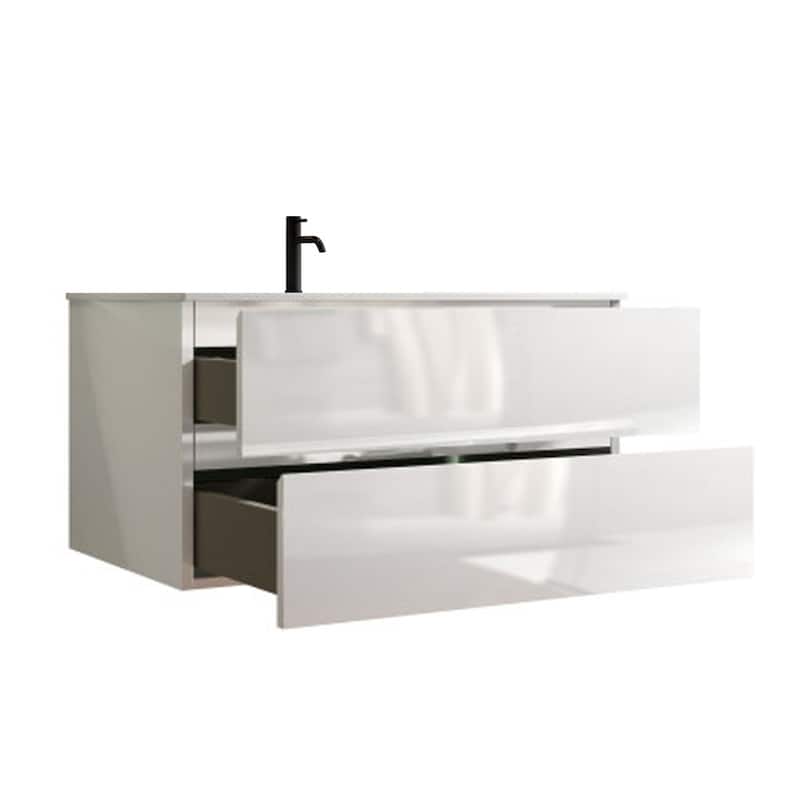 Wall Mount Glossy Bathroom Vanity with Ceramic Sink with Single Hole