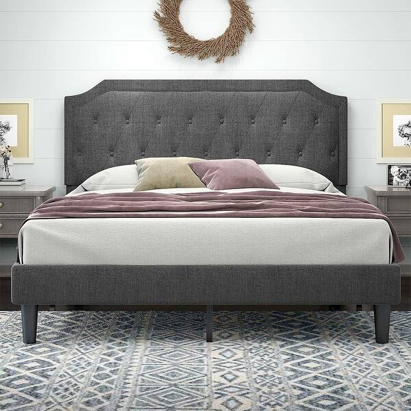King Upholstered Platform Bed with Curved Rhombic Headboard, Dark Grey