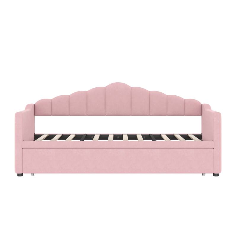 Upholstered Twin Size Daybed with Adjustable Trundle Bed and USB Port, Velvet Fabric Twin Sofa Bed Frame with 2 Side Pockets