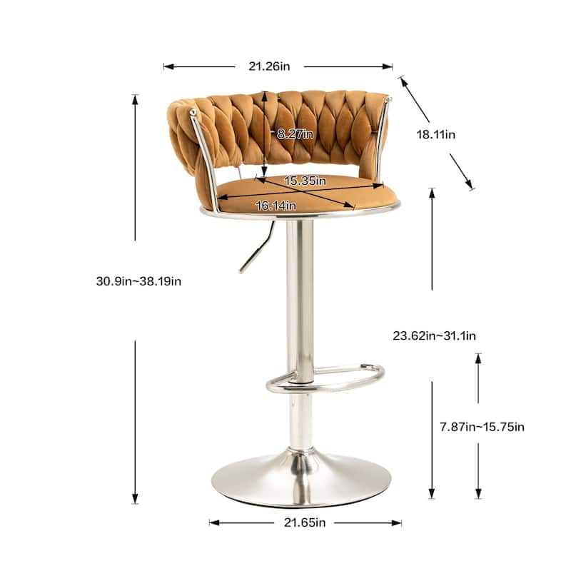 Velvet Swivel Adjustable Height Bar Stools With Sliver Footrest(set of 2)