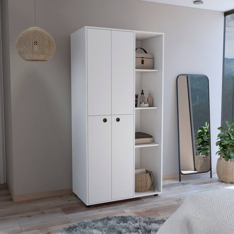 35.4" Modern Double-door Armoire with Hanging Rod, Drawer and Open Shelves for Bedroom - White