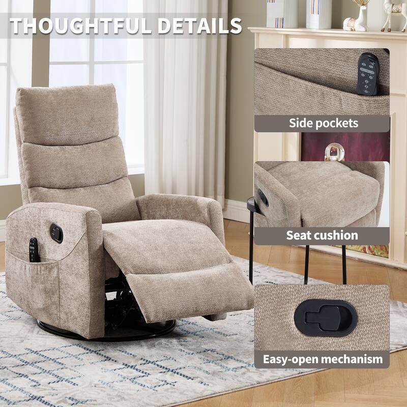 Manual Recliner Chair with Heat & Massage, Fabric Upholstered Glider Recliner Chair, Swivel Recliner Chair with Side Pockets