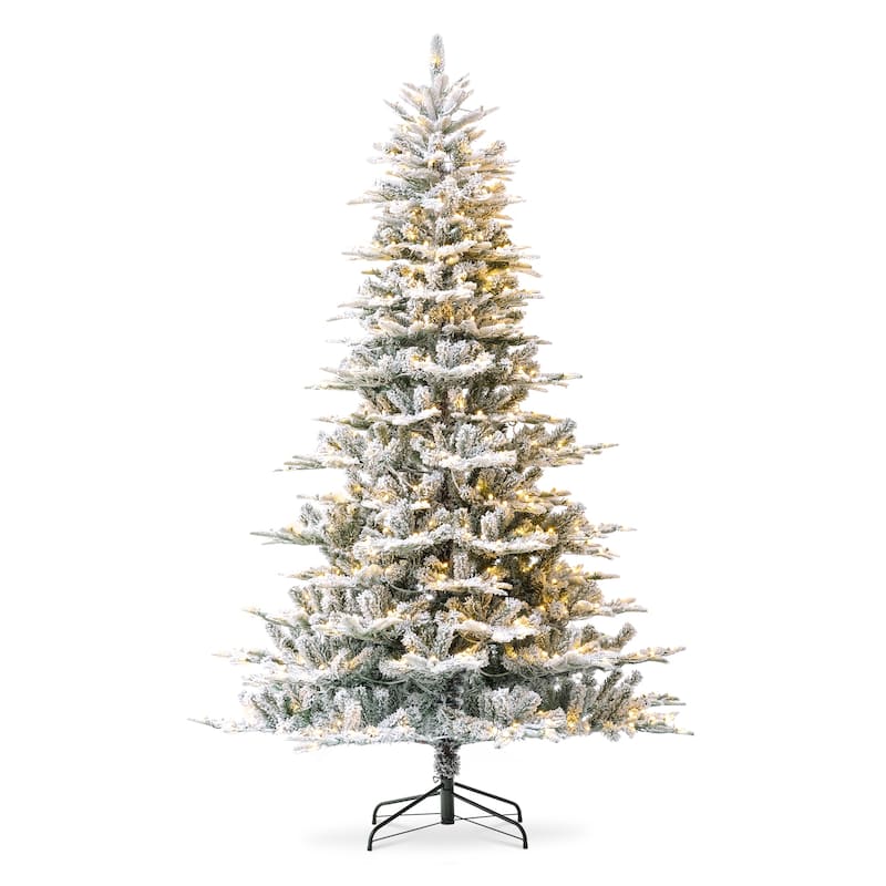 Glitzhome 8FT/10FT Pre-Lit Flocked Fir Artificial Christmas Tree with Warm White Lights