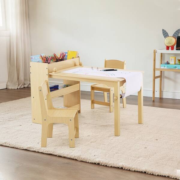 slide 2 of 9, 2-in-1 Wooden Toddler Craft and Play Activity Table Set Including 2 Chairs with Cabinet - 31.3x21.85x21.26 inch